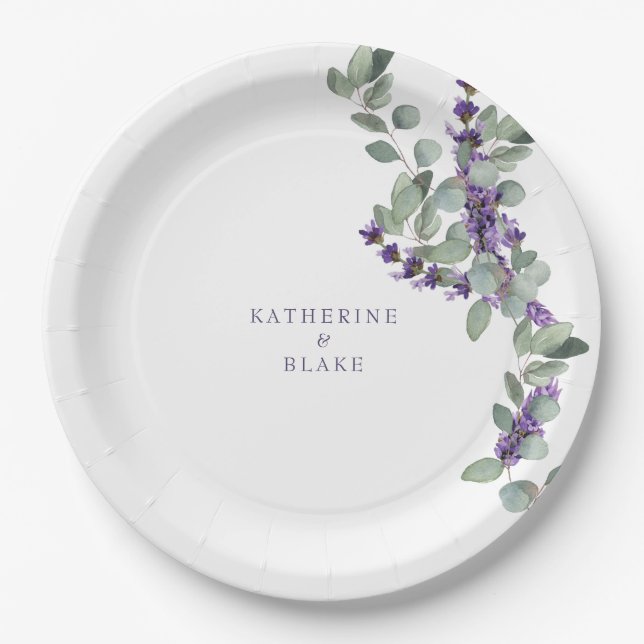 Aquarelllavender & Eukalyptus-Namen Hochzeit Pappteller (Vorderseite)