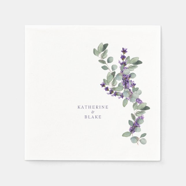 Aquarelllavender & Eukalyptus-Namen Hochzeit Serviette (Vorderseite)
