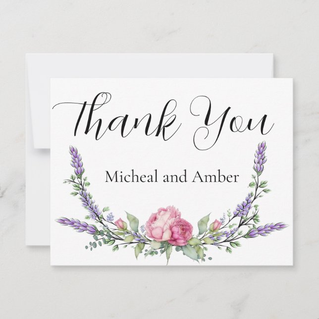 Aquarelllavender Eukalyptus pink roses peonies Dankeskarte (Vorderseite)