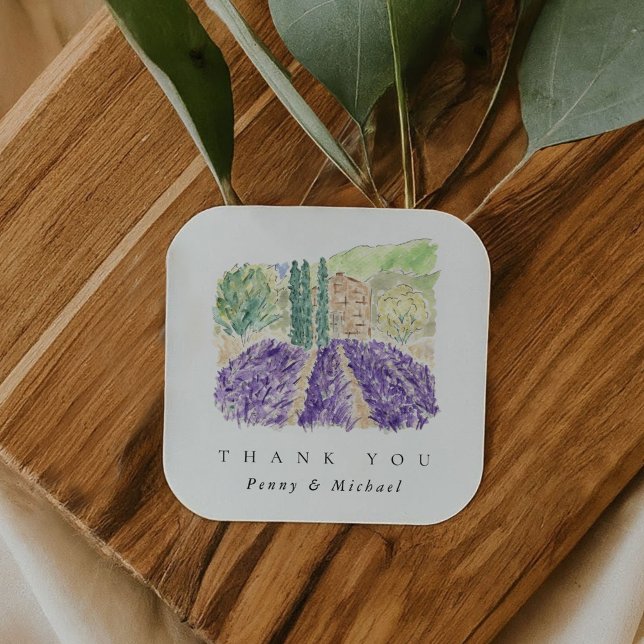 Aquarelllavender Fields Vielen Dank für Ihr Intere Quadratischer Aufkleber (Watercolor Lavender Fields Thank You Favor Square Sticker)
