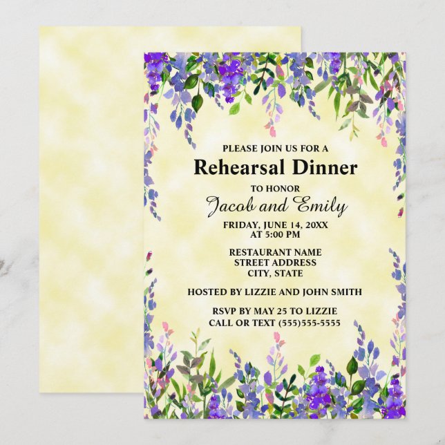 Aquarelllavender Floral GelbHochzeitliche Probe Einladung (Vorne/Hinten)