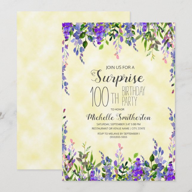 Aquarelllavender Gelbe Überraschung 100. Geburtsta Einladung (Vorne/Hinten)