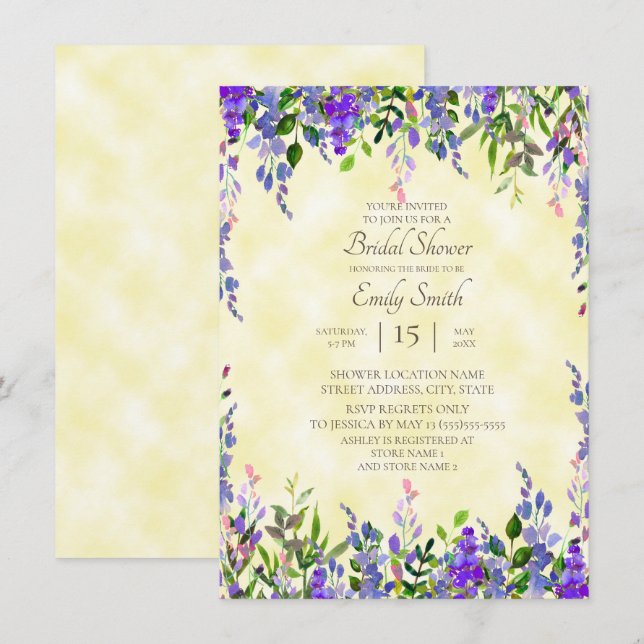 Aquarelllavender Gelbes Brautparty Einladung (Vorne/Hinten)