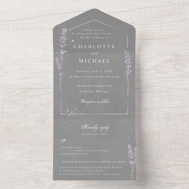 Aquarelllavender grau uAwg Hochzeit All In One Einladung (Innen Boden)