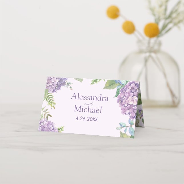 Aquarelllavender Hydrangea Blume Fern Wedding Platzkarte (Vorderseite)
