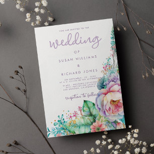 Aquarelllavender Pink Minze Korallen Blütenhochzei Einladung