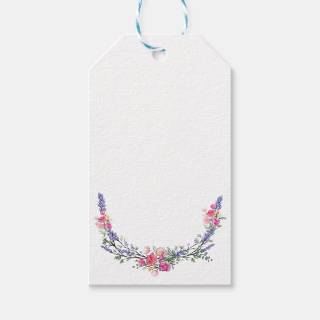 Aquarelllavender Pink Wilde Rose und Eukalyptus Geschenkanhänger (Vorderseite)