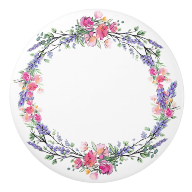 Aquarelllavender Pink Wilde Rose und Eukalyptus Keramikknauf (Vorderseite)