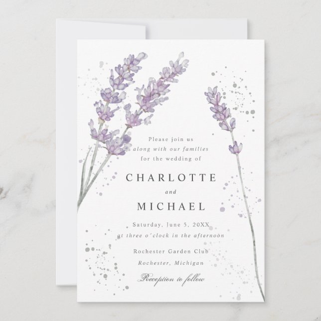 Aquarelllavender Spatter Elegante Hochzeit Einladung (Vorderseite)