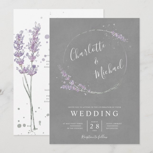 Aquarelllavender und Hochzeit mit grauem Kranz Einladung (Vorne/Hinten)