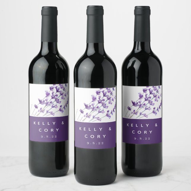 Aquarelllavender Wedding Wine Labels Weinetikett (Flaschen)