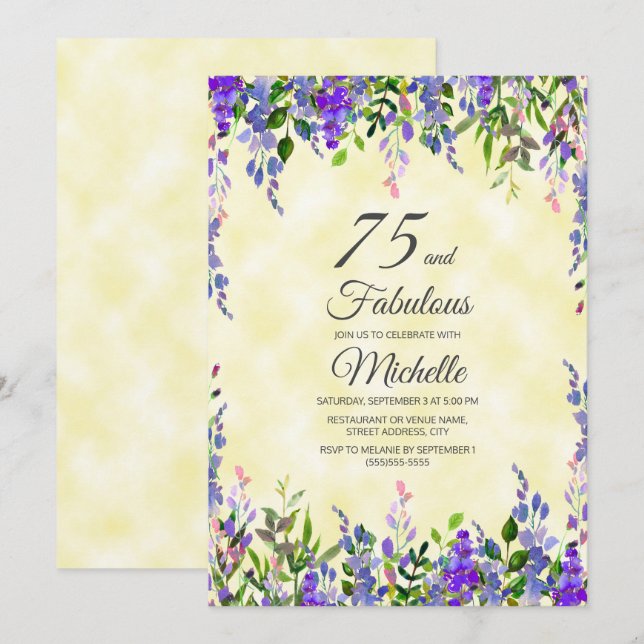 Aquarelllavender Yellow 75 & Fabulous Birthday Einladung (Vorne/Hinten)