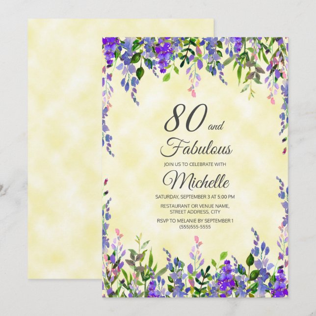 Aquarelllavender Yellow 80 & Fabulous Birthday Einladung (Vorne/Hinten)
