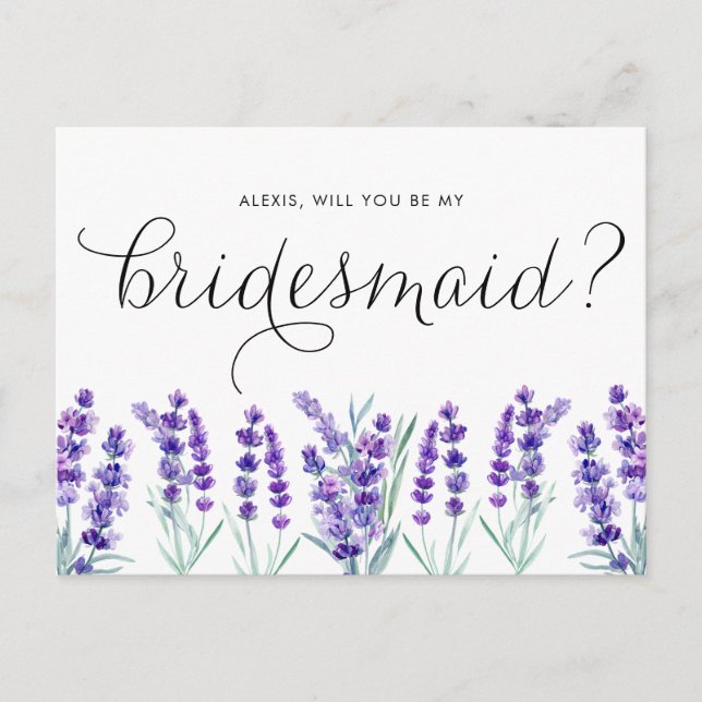 Aquarelllavener wird meine Bridesmaid sein Einladungspostkarte (Vorderseite)