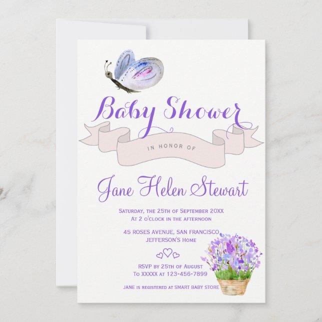 Aquarelllavenfliege Rustikale Babydusche Einladung (Vorderseite)