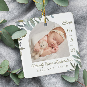 Aquarellleder Grünpflanzen Baby Birth Stats Foto Keramikornament