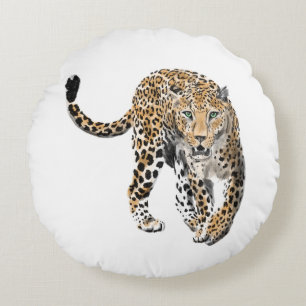 Aquarellleopard-Urwaldkatze grün gestrichen Rundes Kissen