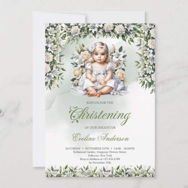 Aquarelllische und Rose Mädchen Christening Einladung (Vorderseite)