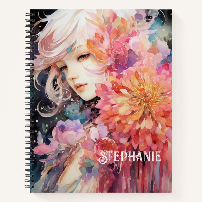 Aquarellmädchen, Helle Farben, Individuelle Name Notizbuch (Vorderseite)