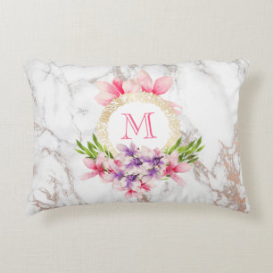 Aquarellmagnolien, Imitate Marmortextur Monogramm Zierkissen