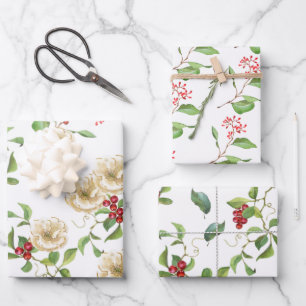 Aquarellmagnolien, rote Berries und Foliage Geschenkpapier Set
