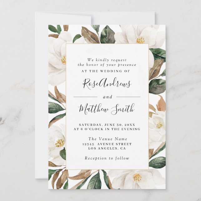 Aquarellmagnolienblumenhochzeitseinladung Einladung (Vorderseite)
