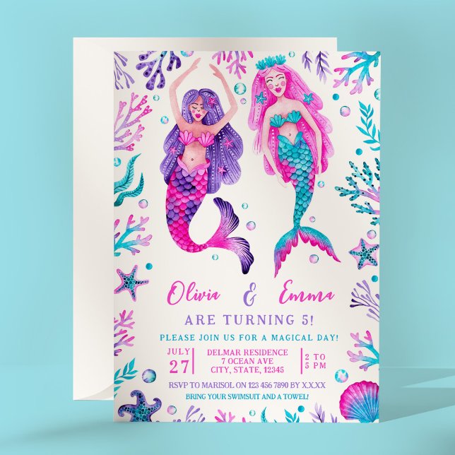 Aquarellmaid Joint Birthday Sisters Einladung (Watercolor Mermaid Joint Birthday Sisters Invitation)