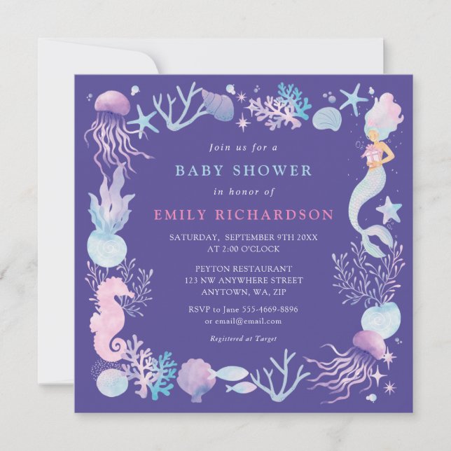 Aquarellmaid unter der Meeresbabydusche Einladung (Vorderseite)