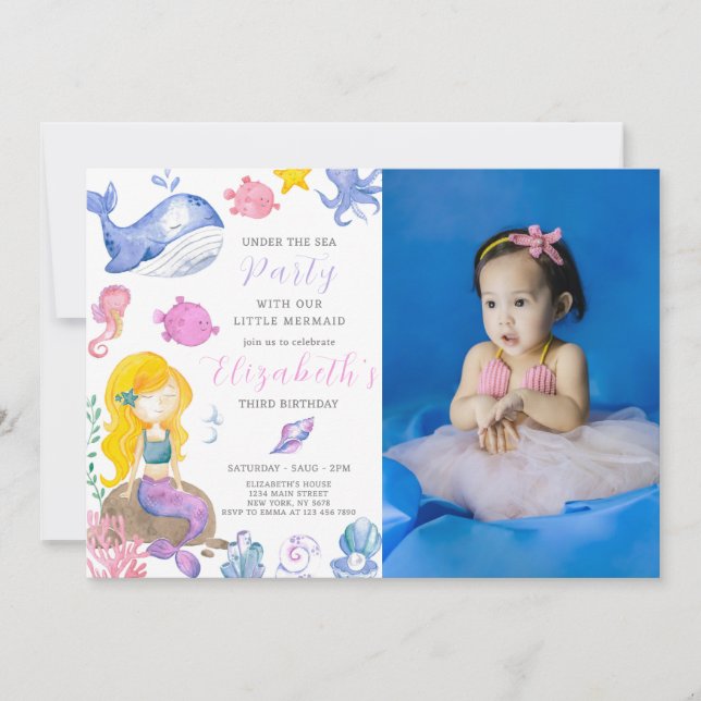 Aquarellmaid zum Geburtstag Einladung mit Foto (Vorderseite)