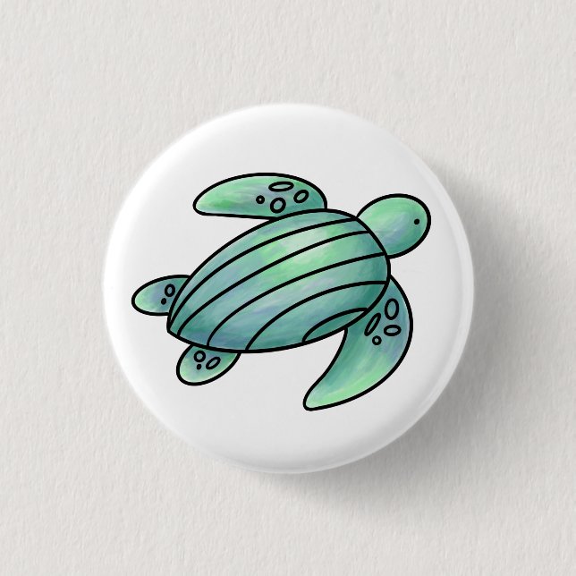 Aquarellmaler Meeresschildkröte Cartoon blau grün Button (Vorderseite)