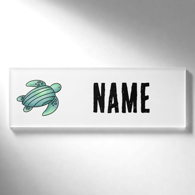 Aquarellmaler Meeresschildkröte Cartoon blau grün Namenschild (Vorderseite)