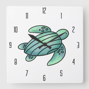 Aquarellmaler Meeresschildkröte Cartoon blau grün Quadratische Wanduhr