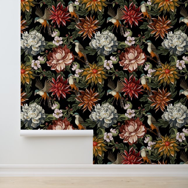 Aquarellmäler, Rosen, Vögel Dark Floral Tapete (Anwendung)