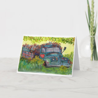 Aquarellmalerei alter LKWs voller Rettungshunde Karte