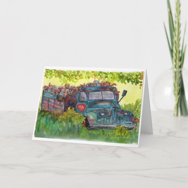 Aquarellmalerei alter LKWs voller Rettungshunde Karte (Vorderseite)