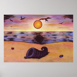 Aquarellmalerei am Strand bei Sonnenuntergang Poster