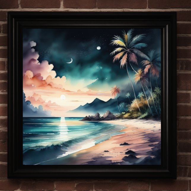 Aquarellmalerei am tropischen Strand bei Nacht Poster (Von Creator hochgeladen)