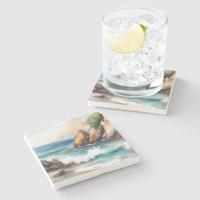 Aquarellmalerei an der Küste Design Kunst Steinuntersetzer (Seitenansicht)