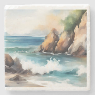 Aquarellmalerei an der Küste Design Kunst Steinuntersetzer