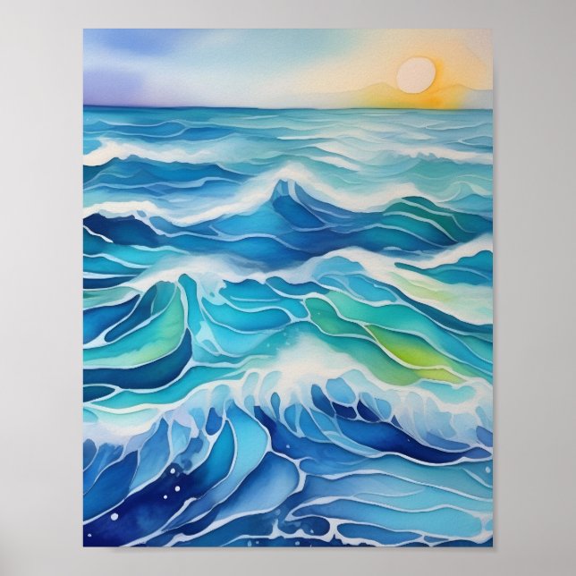 Aquarellmalerei auf blaue Meereswellen Poster (Vorne)