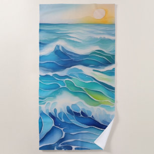Aquarellmalerei auf blaue Meereswellen Strandtuch