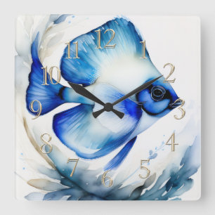 Aquarellmalerei auf Blauer Fisch Quadratische Wanduhr