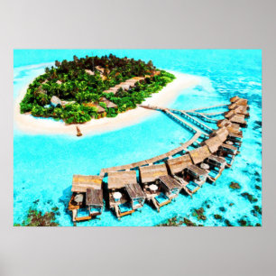 Aquarellmalerei auf den Malediven Honeymoon Resort Poster