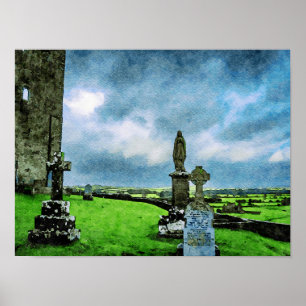 Aquarellmalerei auf Kaschelrock-Friedhof Poster