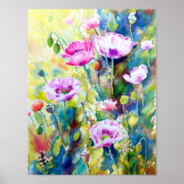 Aquarellmalerei auf lila Poppies Poster (Vorne)