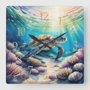 Aquarellmalerei auf Meeresschildkröte XIII Quadratische Wanduhr