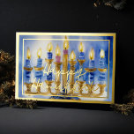 Aquarellmalerei auf Menorah Blaue weiße Kerzen Folien Feiertagskarte<br><div class="desc">Aquarellmalerei auf Menorah Blaue weiße Kerzen</div>