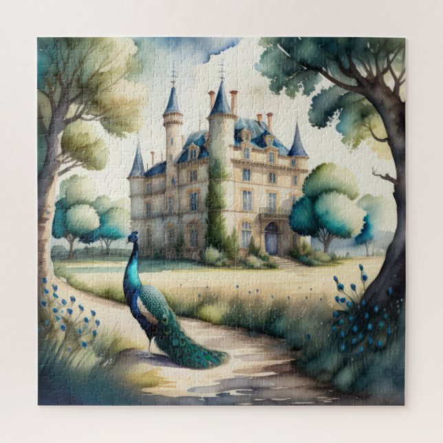 Aquarellmalerei auf Pfau und Schloss (Vertikal)
