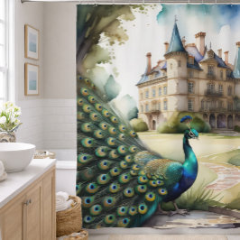 Aquarellmalerei auf Pfau und Schloss Duschvorhang