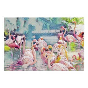 Aquarellmalerei auf rosa Flamingos im Wasser Poster